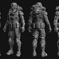 Futuristic Sci Fi Warrior In Tech Armor With Helmet Red Shoulder Armor And Blue Lights