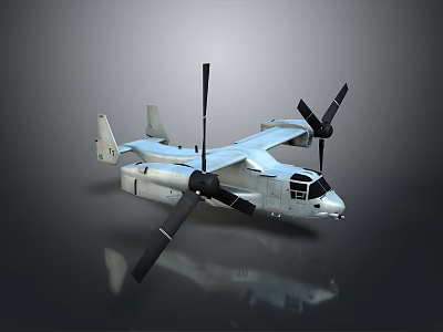 White Tiltrotor Military Aircraft With Twin Propellers On Gray Background And Reflection Effect 3d model
