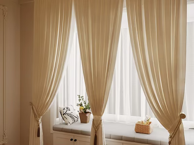 Beige Curtains With Window Seat Pillow Plant And Basket In Bright Room 3d model