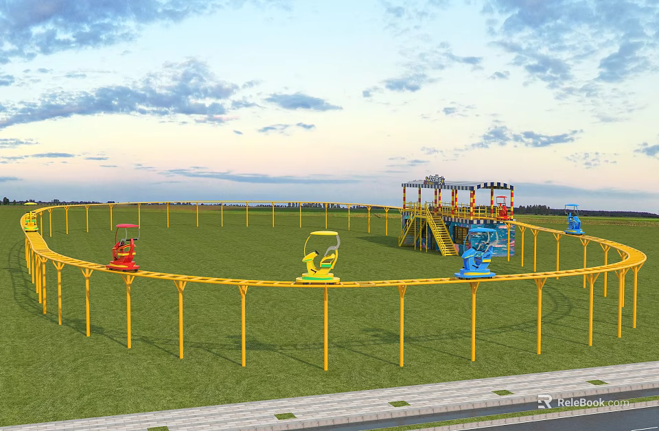 Outdoor Playground Equipment with Yellow Fences Colorful Cars and Slide Play Structure on Green Grass 3d model 