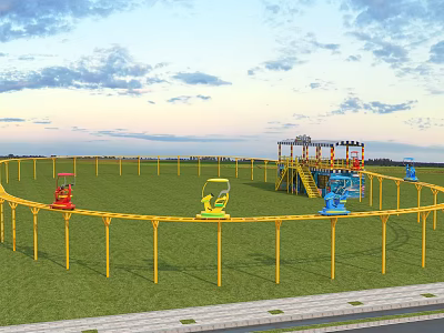Outdoor Playground Equipment with Yellow Fences Colorful Cars and Slide Play Structure on Green Grass 3d model