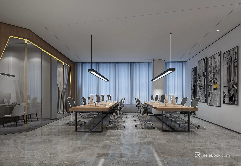 Contemporary Public Office Area With Long Conference Tables Ergonomic Chairs Pendant Lights And Wall Art 3d model 