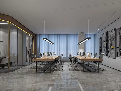 Contemporary Public Office Area With Long Conference Tables Ergonomic Chairs Pendant Lights And Wall Art 3d model
