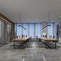 Contemporary Public Office Area With Long Conference Tables Ergonomic Chairs Pendant Lights And Wall Art
