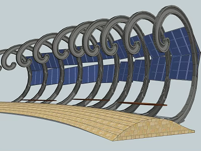 Modern Artistic Pergola with Curved Spiral Design Solar Panels and Stone Brick Floor 3d model