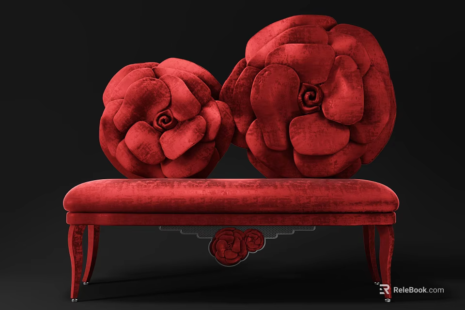 Elegant Red Multi Seater Sofa With Flower Shaped Cushions And Carved Decoration 3d model 