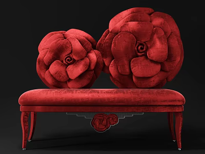 Elegant Red Multi Seater Sofa With Flower Shaped Cushions And Carved Decoration 3d model