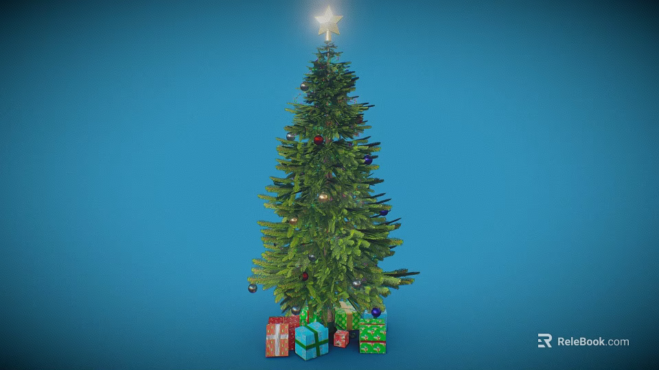 Green Christmas Tree With Star On Top And Colorful Gifts Around Blue Background 3d model 