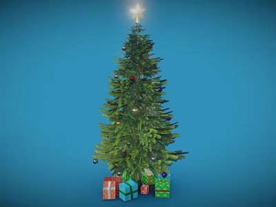 Green Christmas Tree With Star On Top And Colorful Gifts Around Blue Background 3d model