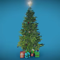 Green Christmas Tree With Star On Top And Colorful Gifts Around Blue Background