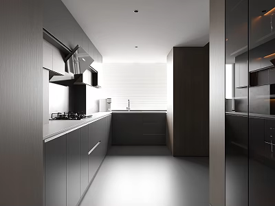 Modern Kitchen With Linear Layout Gray Cabinets Quartz Countertop And Stainless Steel Appliances 3d model