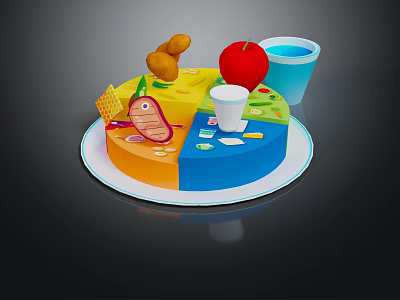 Colorful Circular Food Plate With Balanced Meat Apple Drink And Grain Sections 3d model