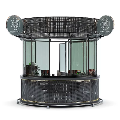 Round Coffee House With Black Metal Frame And Glass Walls Exterior Design 3d model