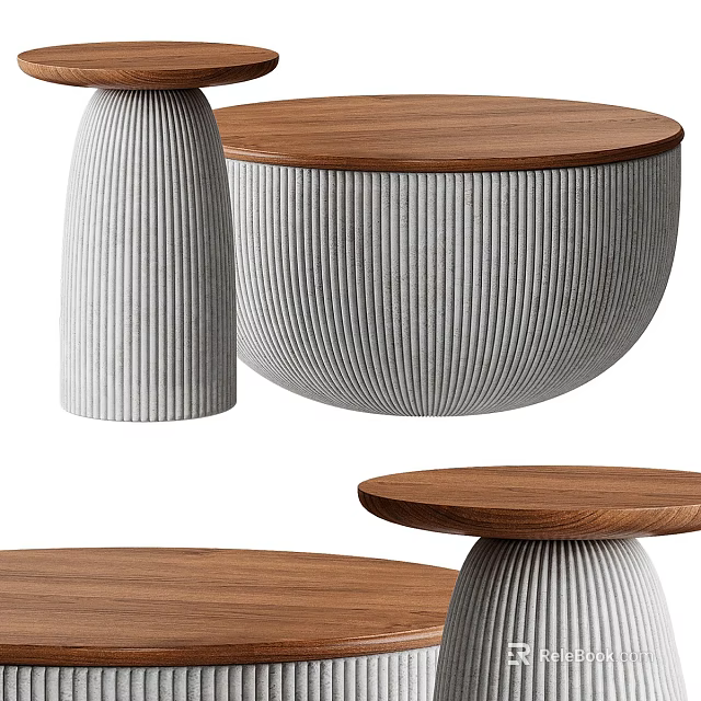 Modern Round Coffee Table With Wooden Top And Ribbed Ceramic Base Design 3d model 