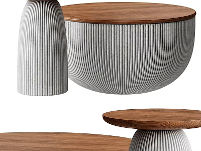 Modern Round Coffee Table With Wooden Top And Ribbed Ceramic Base Design 3d model