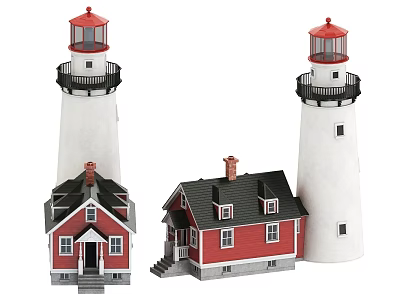 Two Classic White Coastal Lighthouses With Matching Red Lightkeeper House Architecture Display Models 3d model