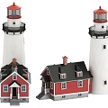Two Classic White Coastal Lighthouses With Matching Red Lightkeeper House Architecture Display Models