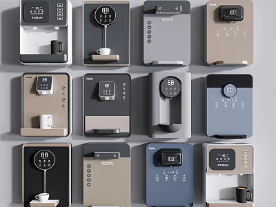 Instant Hot Water Dispensers Various Styles Multiple Colors With Digital Displays Control Buttons And Cups 3d model