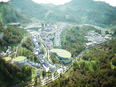 Scenic Modern Mountain Village Complex With Circular Roofs Green Trees And Roads 3d model