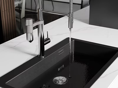 Modern Kitchen Black Sink With White Marble Countertop And Faucet Water Flow 3d model