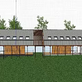 Modern Wooden Single Family House In Grassy Area With Trees And Walking Family