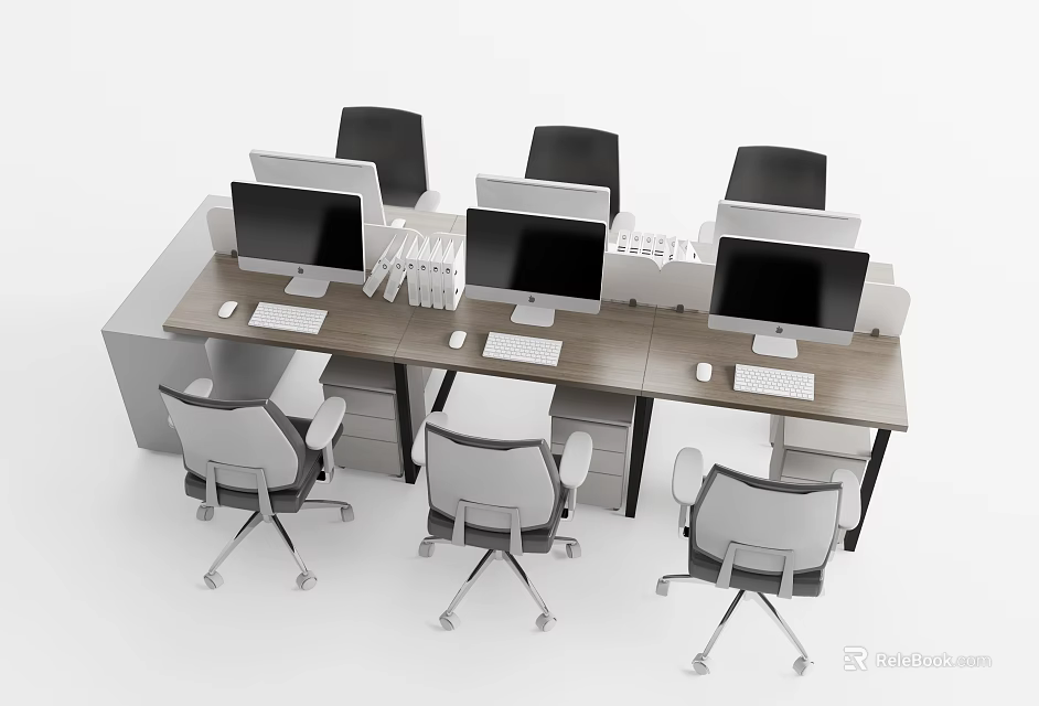Modern Office Desk Workstation Featuring Multiple Computer Monitors And Ergonomic Office Chairs 3d model