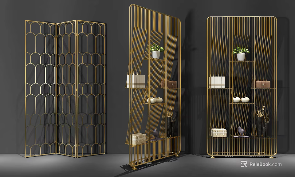Golden Metal Room Dividers With Various Designs And Decorative Shelves 3d model 