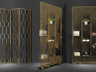 Golden Metal Room Dividers With Various Designs And Decorative Shelves 3d model