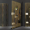 Golden Metal Room Dividers With Various Designs And Decorative Shelves