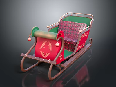 Festive Red And Green Decorative Sleigh With Checkered Seat And Bells 3d model