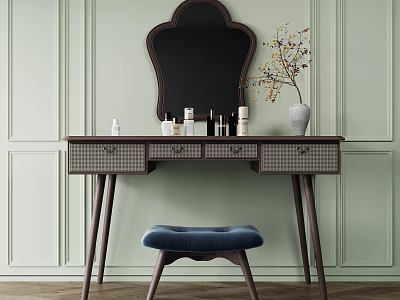 Wooden Dressing Table With Checkered Drawers Mirror Blue Upholstered Stool And Vase Of Dried Flowers 3d model