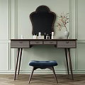 Wooden Dressing Table With Checkered Drawers Mirror Blue Upholstered Stool And Vase Of Dried Flowers