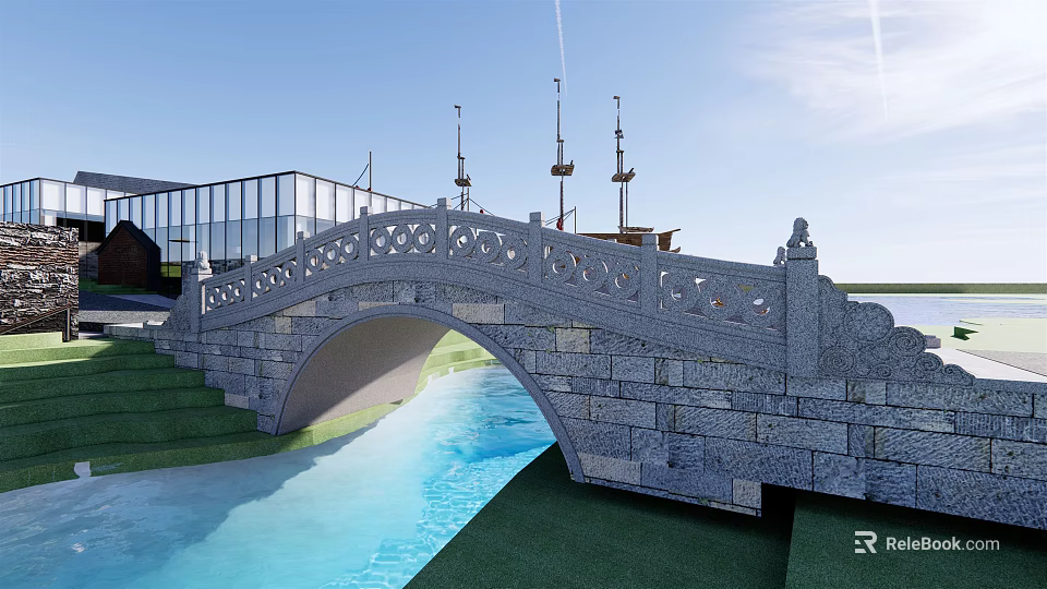 Stone Arch Bridge With Ornate Railings Over Blue Water Near Modern Glass Building 3d model 
