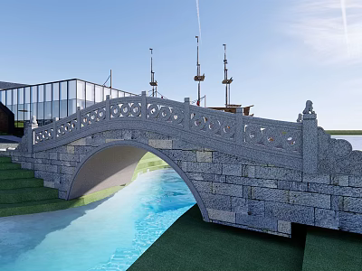 Stone Arch Bridge With Ornate Railings Over Blue Water Near Modern Glass Building 3d model
