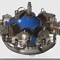 Radial Engine with Blue Central Casing Multiple Metallic Cylinders and Detailed Mechanical Components 3d model