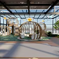 Aerial View of Modern Indoor Space With Glass Roof Hanging Cloud Decorations and Wooden Furniture
