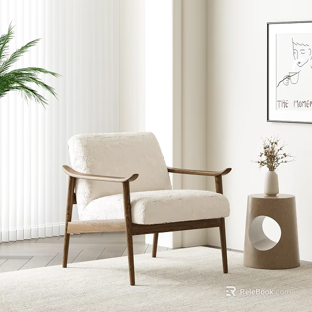 Modern Light Upholstered Accent Chair With Wooden Arms Side Table Vase White Shutters 3d model 