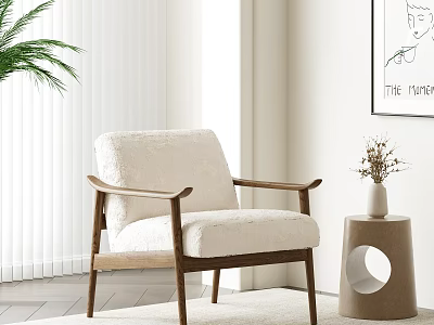 Modern Light Upholstered Accent Chair With Wooden Arms Side Table Vase White Shutters 3d model