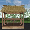 Traditional Bamboo Pavilion With Thatched Roof Wooden Platform Surrounded By Green Trees And Grass