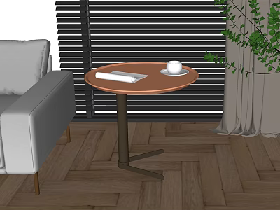 Round Side Table with White Cup Book Gray Sofa Wooden Floor and Green Plant 3d model