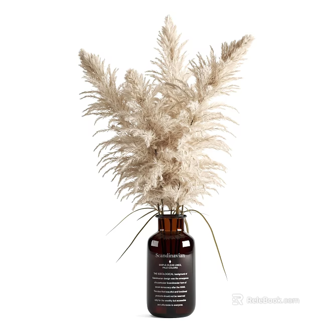 Elegant Brown Glass Vase With Dried Beige Pampas Grass And Label 3d model 