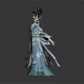 Woman in Traditional Chinese Costume Holding Long Sword Standing Against Gray Background With Reflection