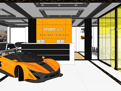 Lincoln 4S Dealership Showroom Featuring Orange Sports Car Reception Desk And Glass Walls 3d model
