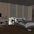 Modern Bedroom Interior Design With Gray Bedding Work Desk And Wooden Stone Walls