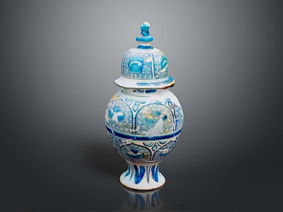 Blue And White Ceramic Sculpture Jar With Intricate Carved Patterns And Decorative Lid 3d model