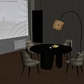 Modern Dining Table Set With Round Top Beige Chairs And Woven Pendant Lamp
