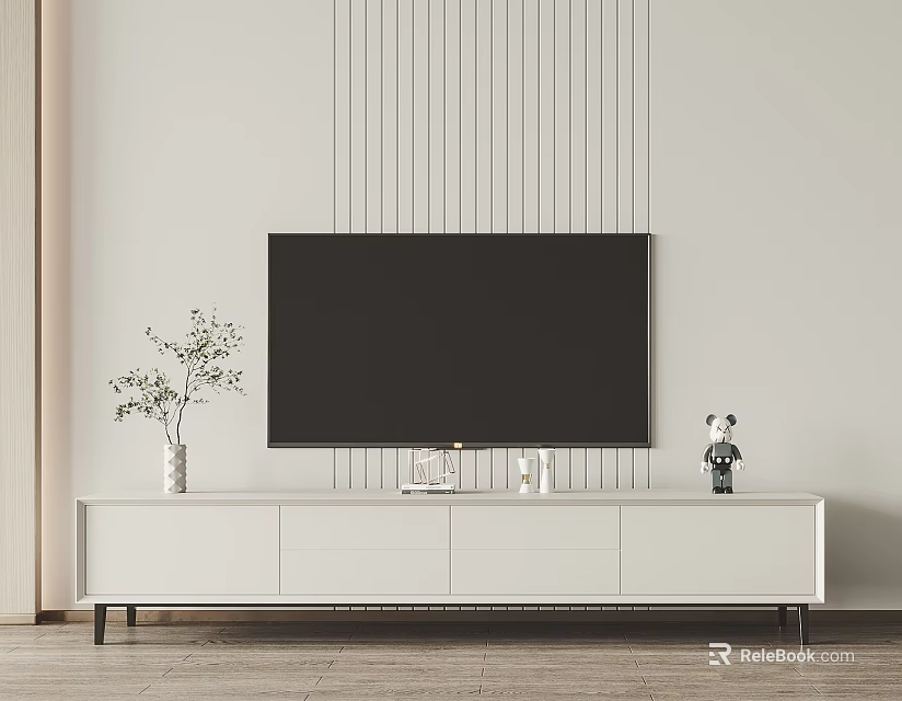 Modern White TV Stand With TV Vase And Decorative Items On Vertical Striped Wall 3d model 