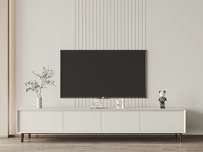 Modern White TV Stand With TV Vase And Decorative Items On Vertical Striped Wall 3d model