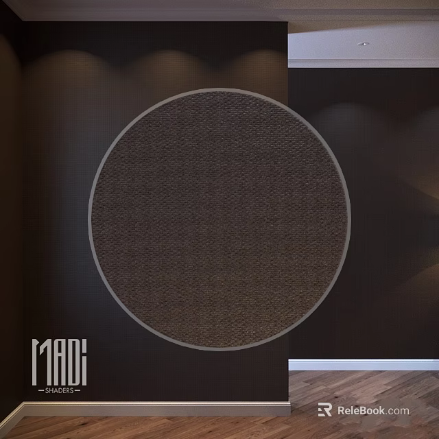 Round Brown Woven Texture Rug In Modern Indoor Room With Dark Walls And Wooden Floor 3d model 
