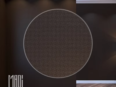 Round Brown Woven Texture Rug In Modern Indoor Room With Dark Walls And Wooden Floor 3d model